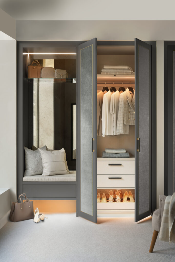 dove grey belgravia wardrobe with bench seat and open doors