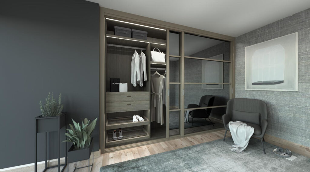 Lifestyle of sliding door wardrobe with glass doors in grey room