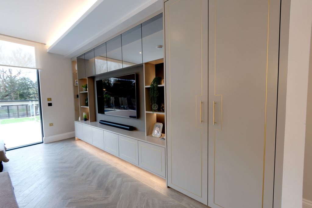 Side view of otto grey media wall lighting on