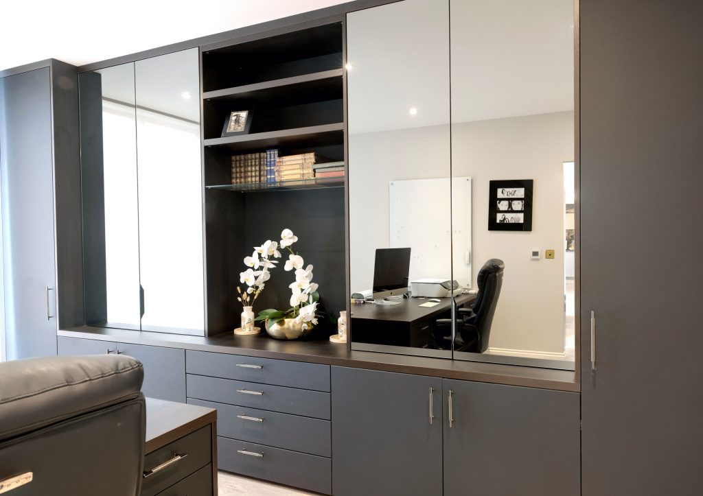 Bespoke Study on grey and mirrored cabinets